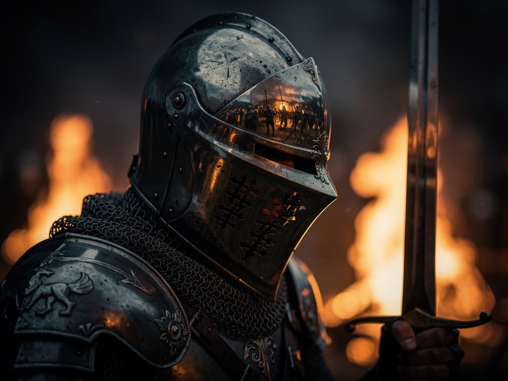 A knight in dark plate armor before a wall of flames