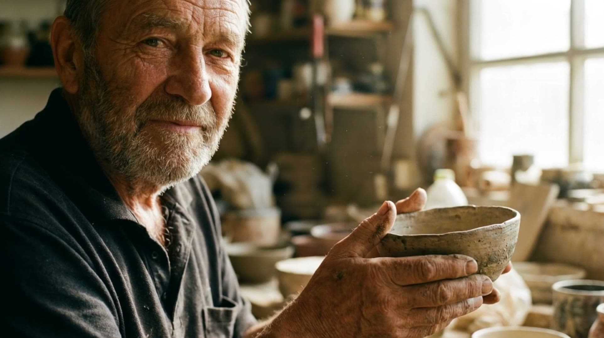 An elderly potter holding up a clay bowl in a workshop