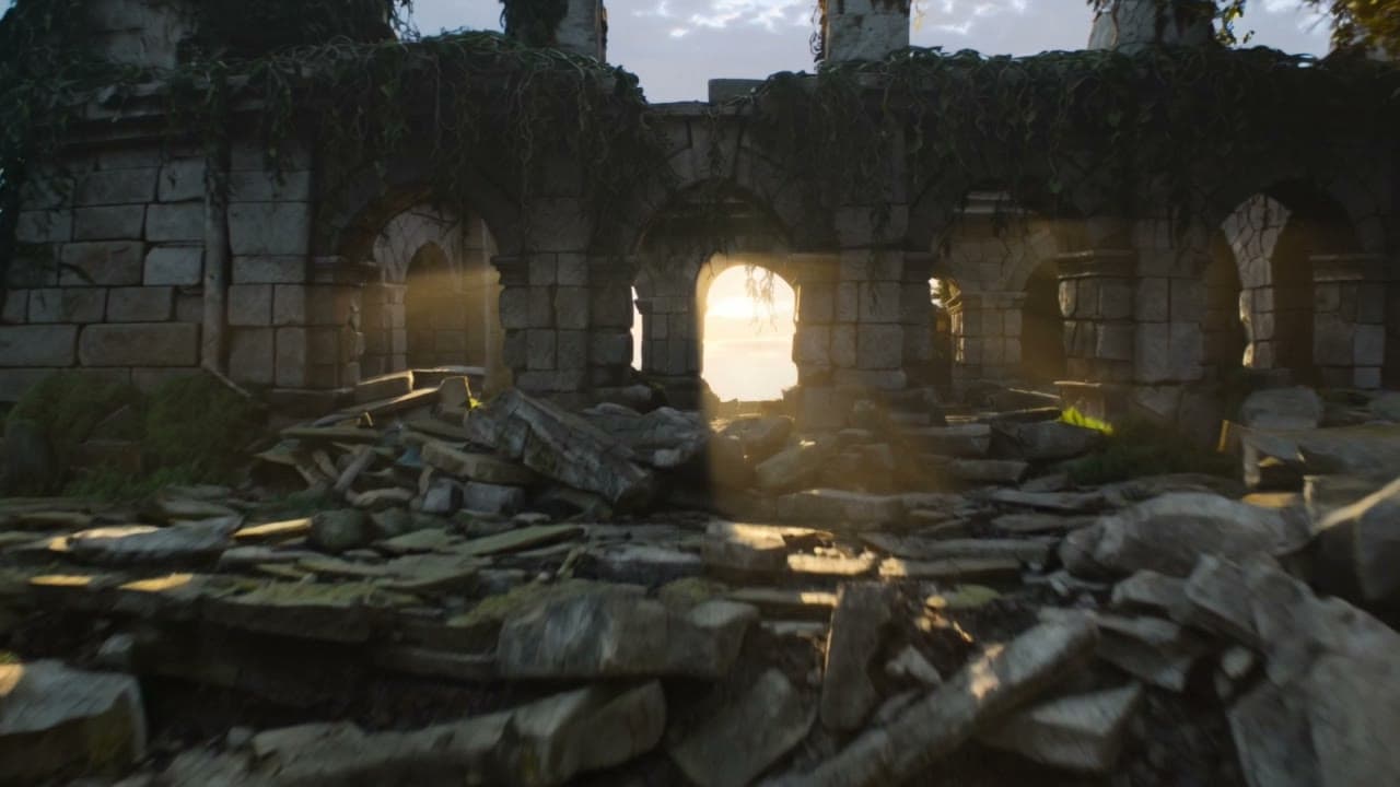 Sunlight breaking into the ruins of a stone building