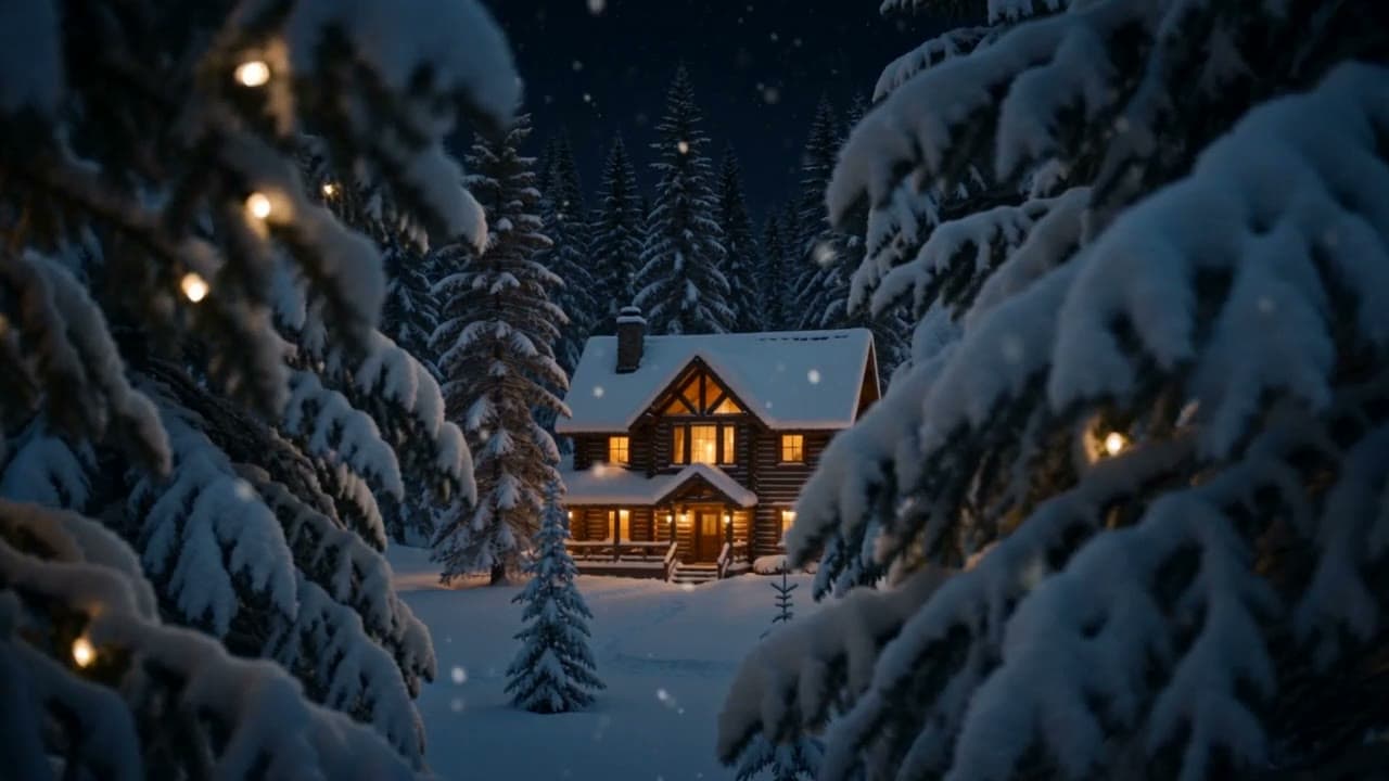 A snowy log cabin with glowing windows among pines at night
