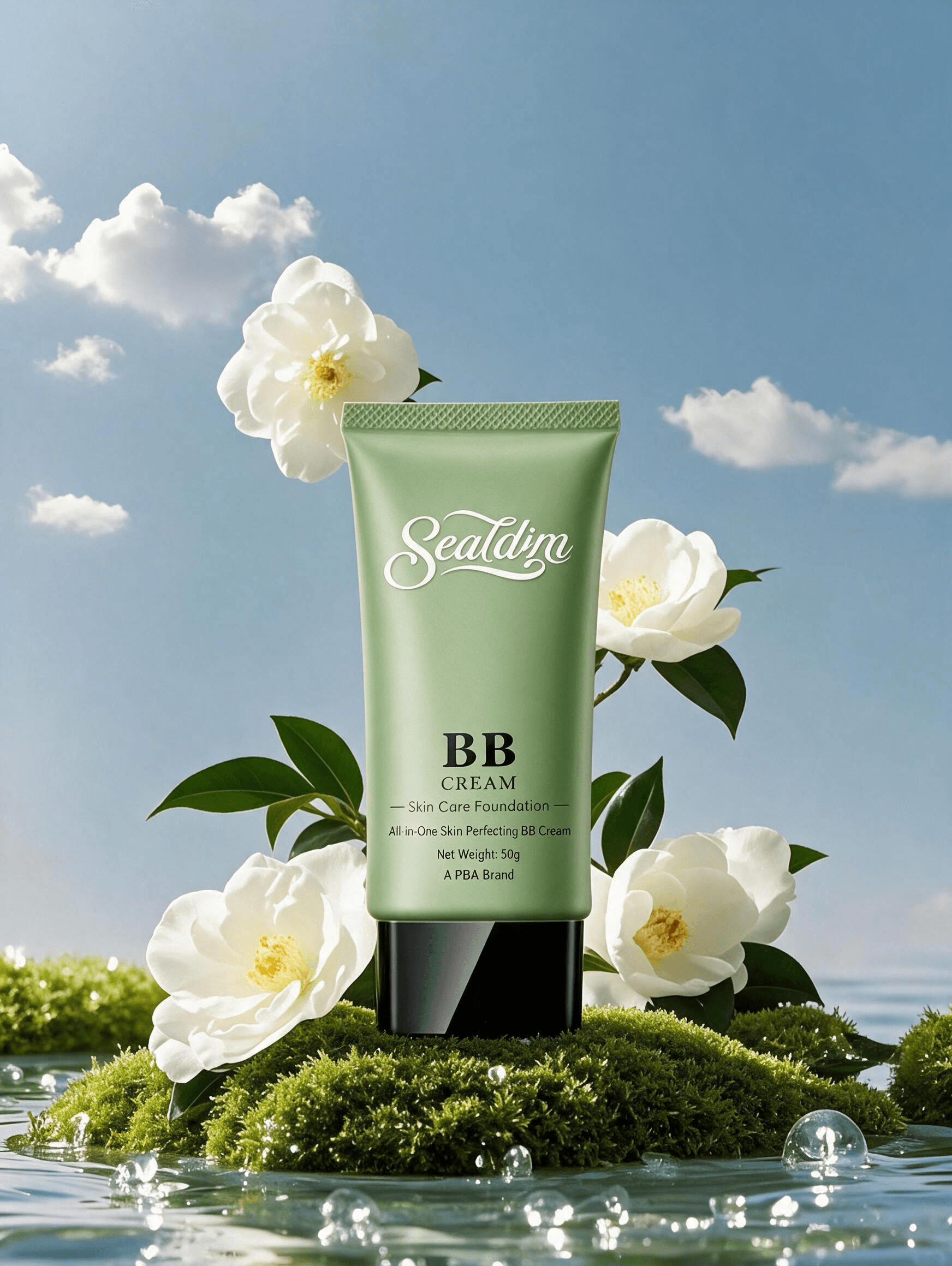 A green tube of BB cream among white flowers on a mossy rock