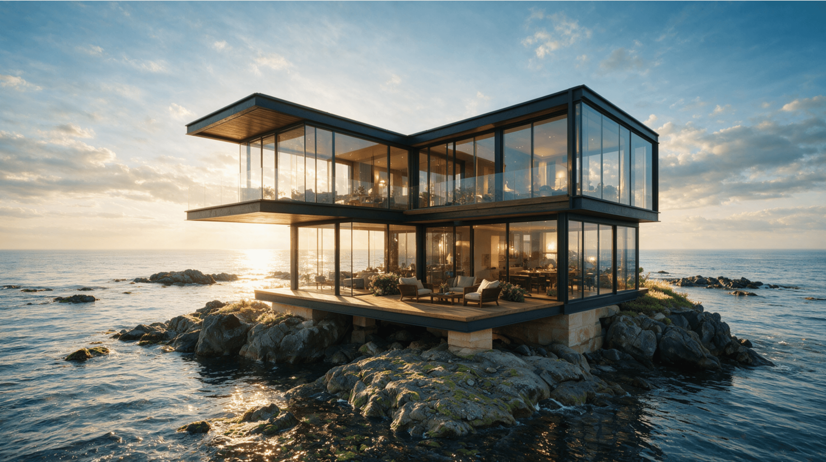 A glass-walled house on a rocky islet at sunset