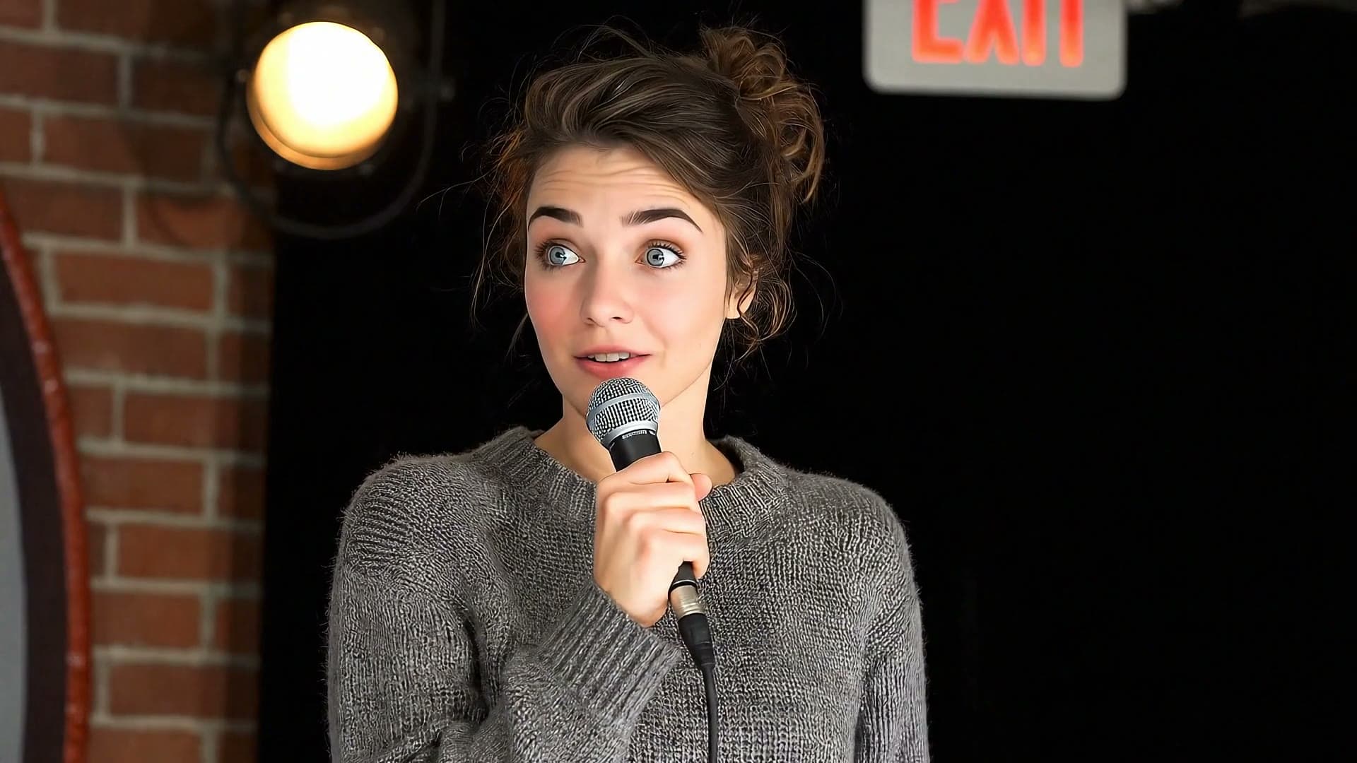 A stand-up comic with a microphone on a club stage