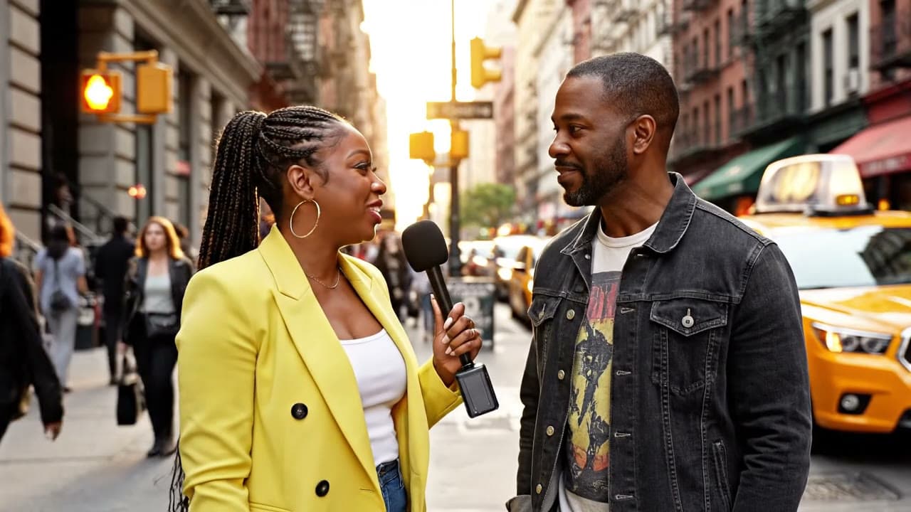 A reporter interviewing a man on a busy city sidewalk, a yellow cab behind