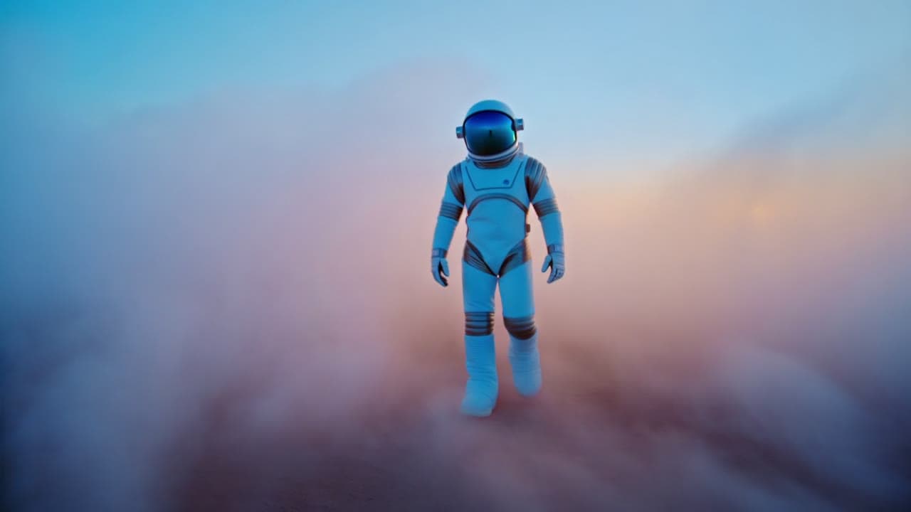 An astronaut in a blue suit walking through clouds