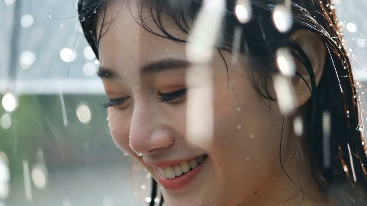 A smiling woman in the rain, water running down her face