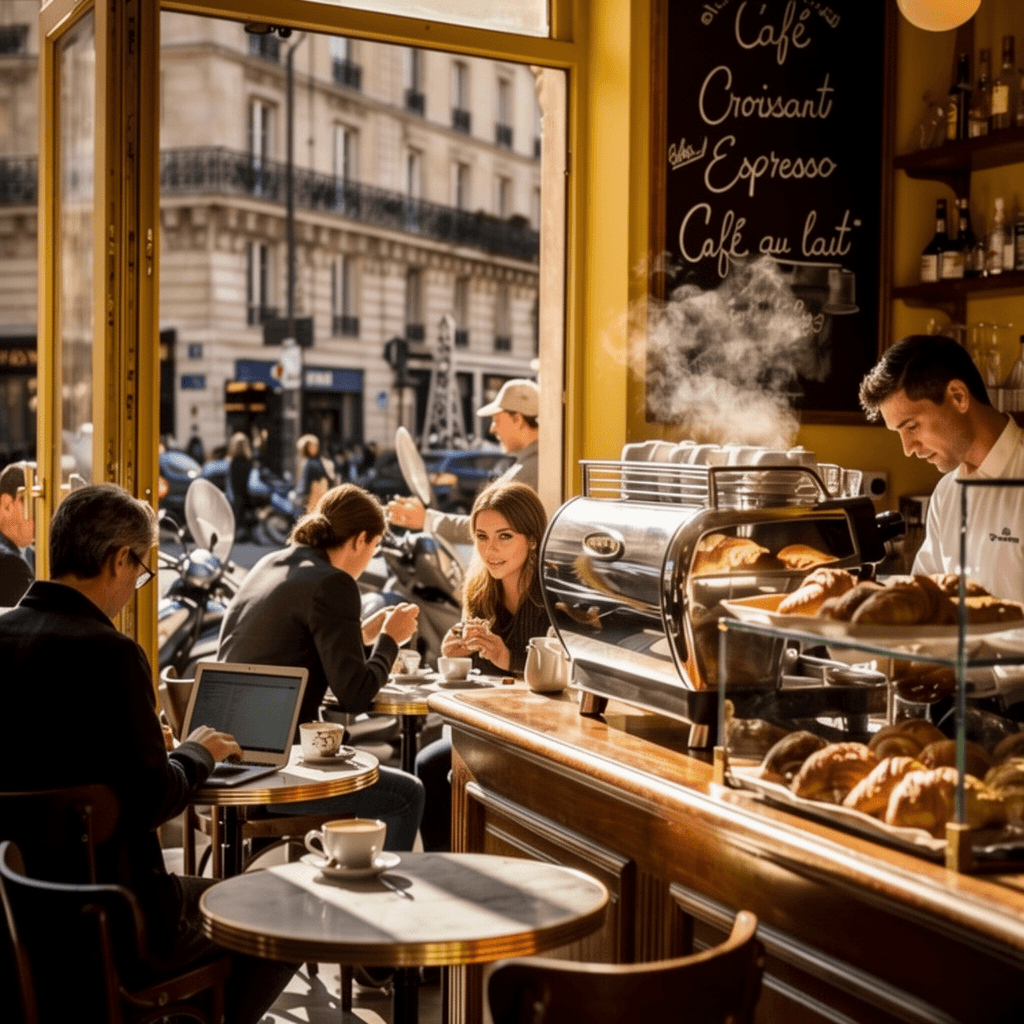 A sunlit Paris café counter with croissants, an espresso machine and a chalkboard menu