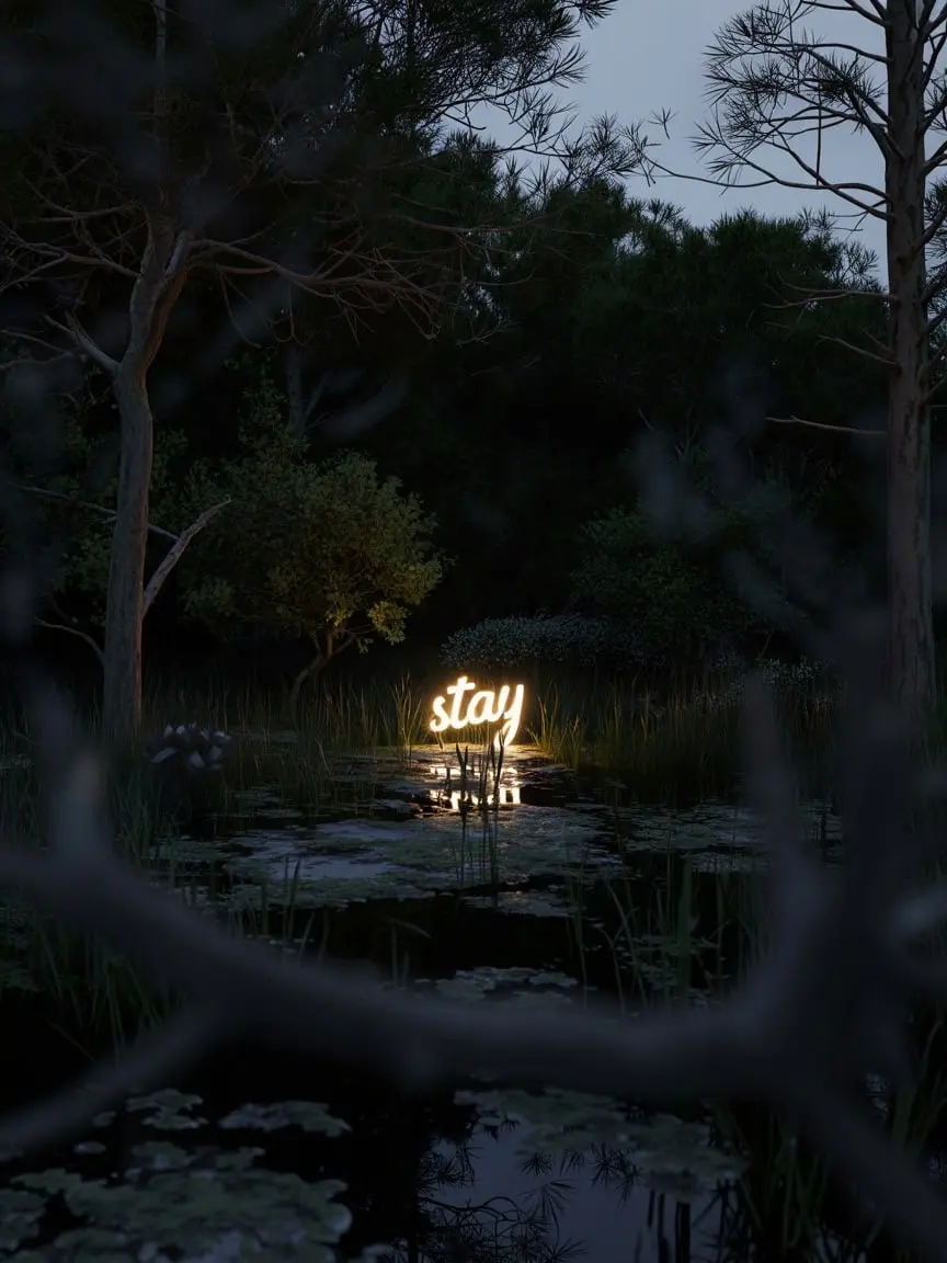 A glowing neon word, “stay”, over a dark forest pond at dusk