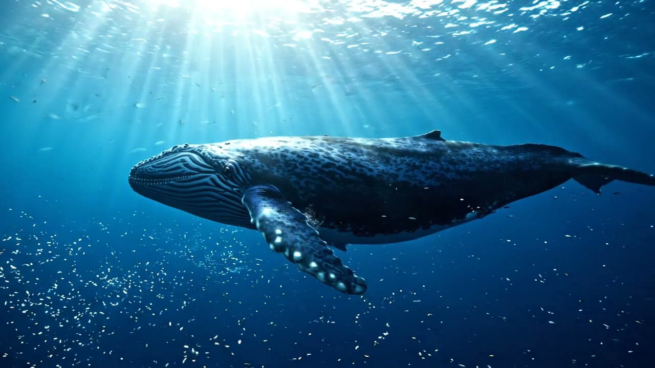 A whale gliding through sunlit blue water