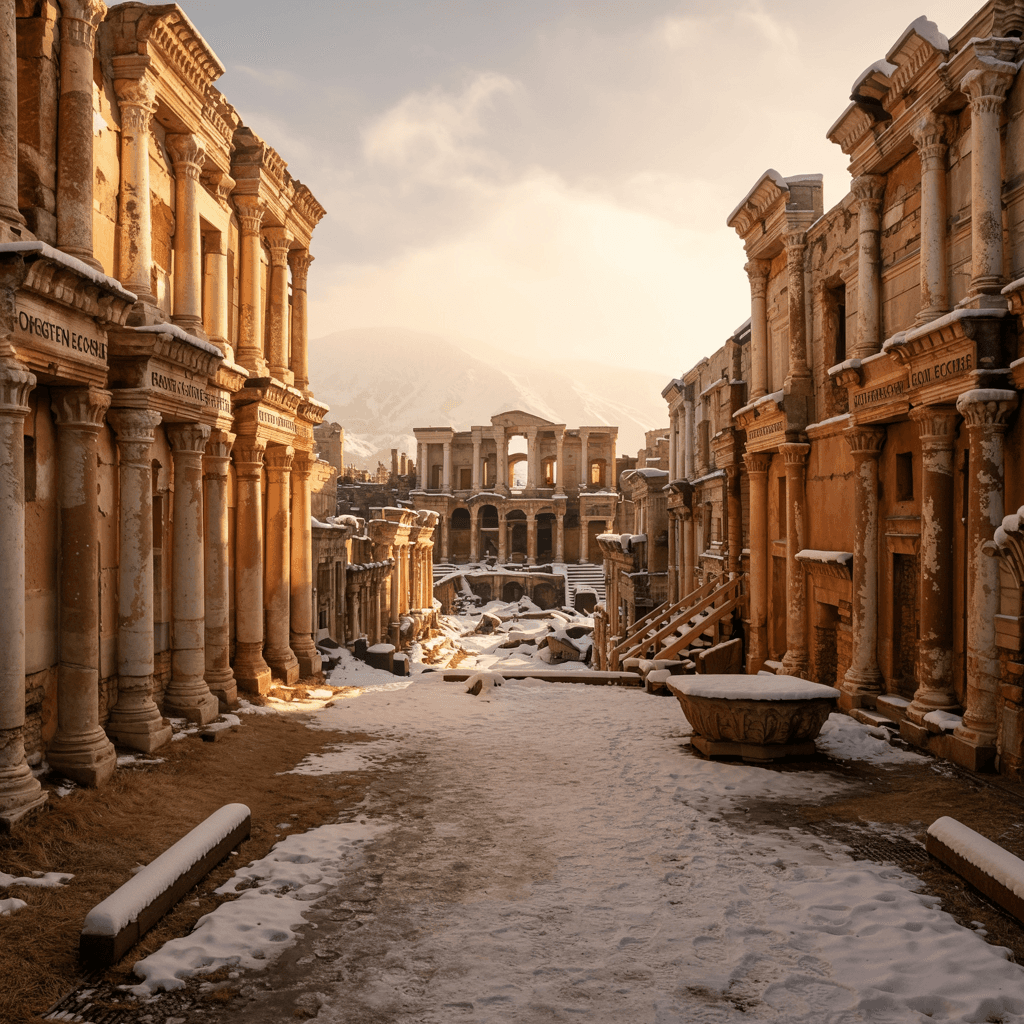 A sunlit street of ancient stone ruins with columned fronts
